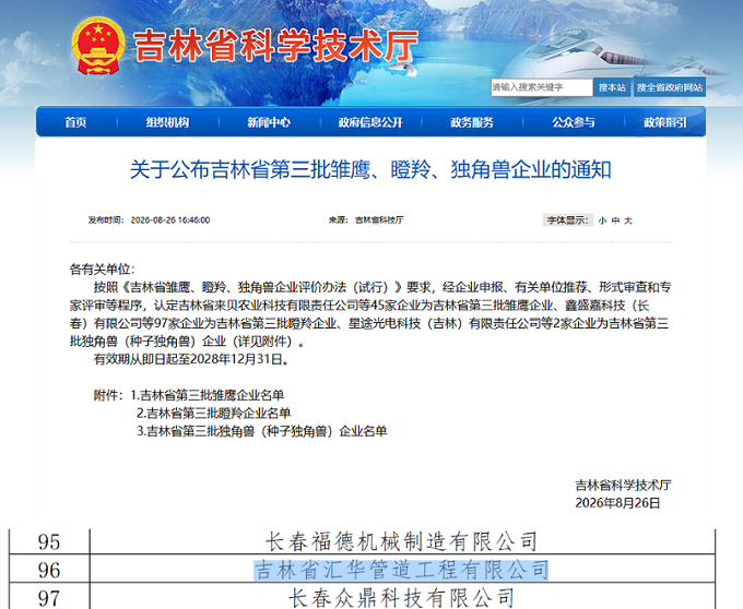 华仕达祝贺汇华入选吉林省瞪羚企业名单  愿一起沿着保温管设备合作道路携手前进